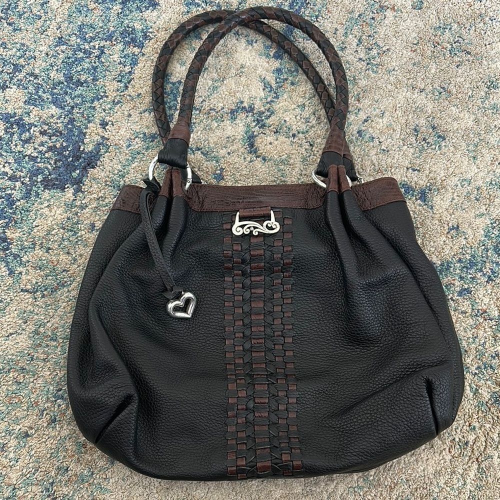 BRIGHTON Black & Brown Leather Hobo Bag With Silver Hardware Braided Shoulder.